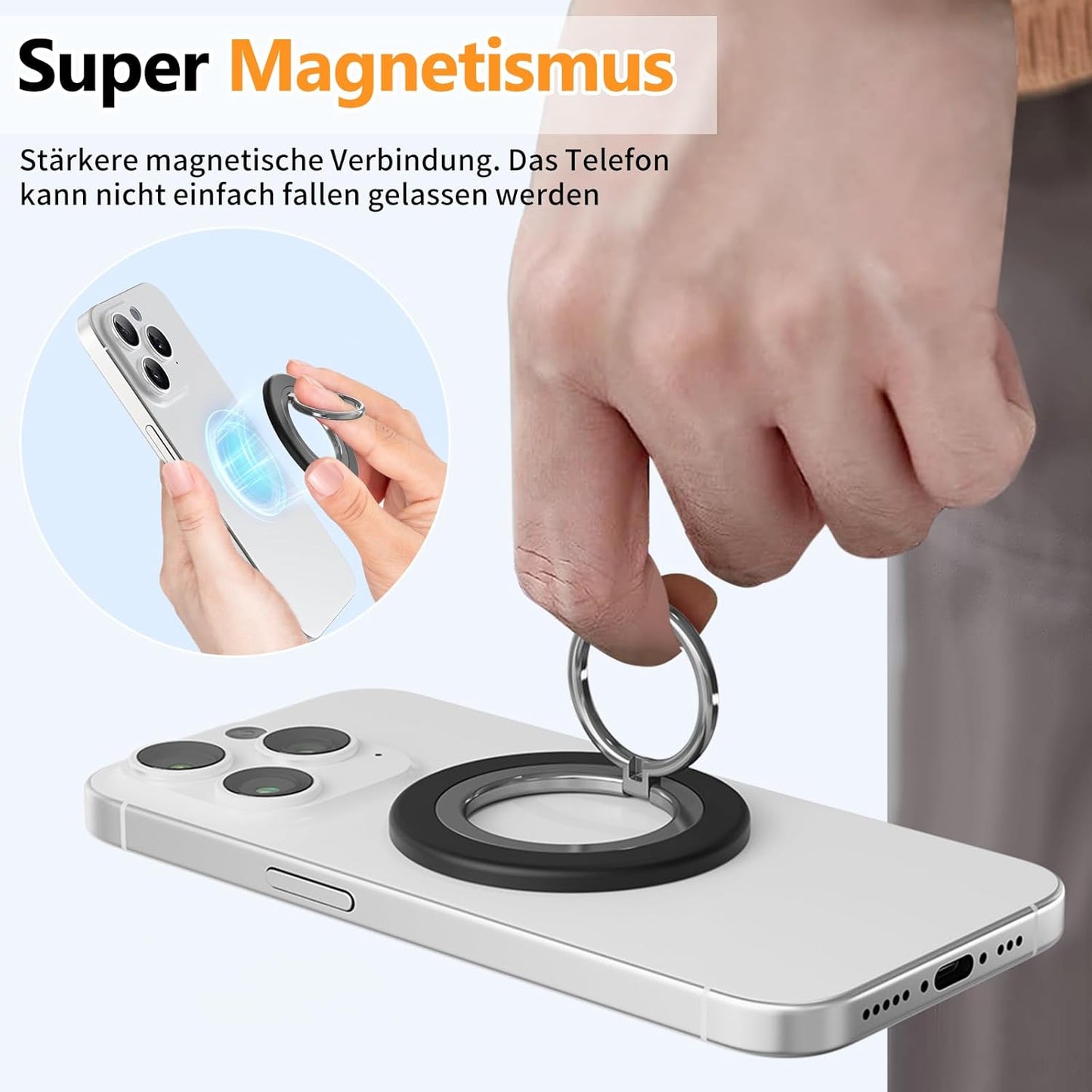 Doppelseitiger Handy Ring Halterung Kompatibel mit Mag-Safe, Handy Halterung Hand für Magnetischer 360° Drehung Fingerhalterung Griff und Ständer Kompatibel mit iPhone 15-12 Serie Schwarz