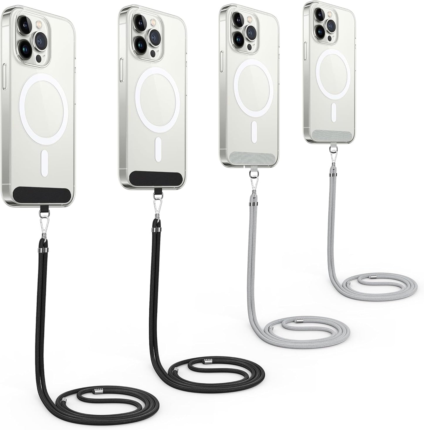 4 Stück Handyband Zum Umhängen und 4Stück Handy Bänd Patch, Verstellbar Handy Umhängeband, Nylon Handyhülle mit Band Handy Band zum Umhängen kompatibel mit Alle Smartphones Schwarz & Grau