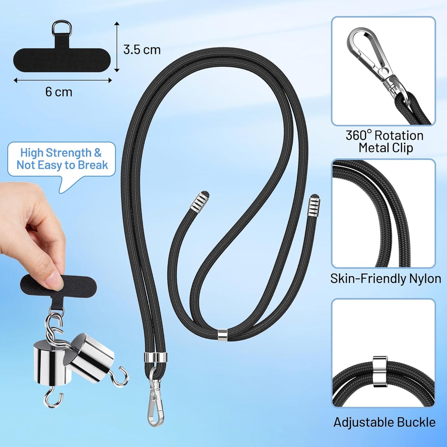 4 Stück Handyband Zum Umhängen und 4Stück Handy Bänd Patch, Verstellbar Handy Umhängeband, Nylon Handyhülle mit Band Handy Band zum Umhängen kompatibel mit Alle Smartphones Schwarz & Grau