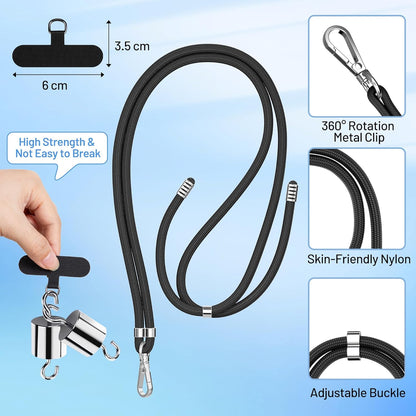 4 Stück Handyband Zum Umhängen und 4Stück Handy Bänd Patch, Verstellbar Handy Umhängeband, Nylon Handyhülle mit Band Handy Band zum Umhängen kompatibel mit Alle Smartphones Schwarz & Grau